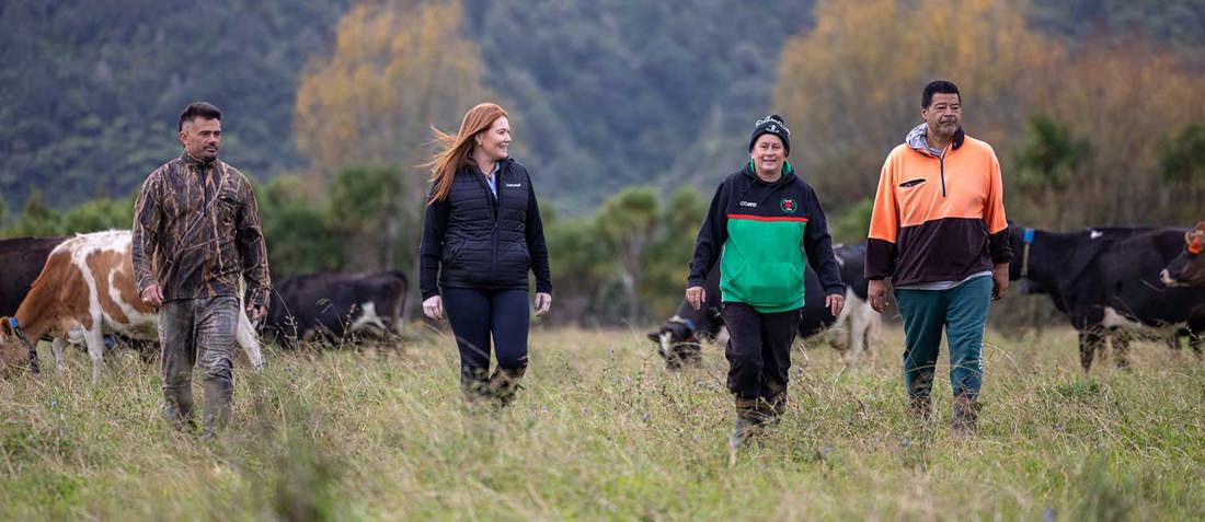 From left, Tataiwhetu Trust chair Ngatai Hurkmans, Brooke Sinclair from DairyNZ, and farm managers Desma Feakins and Whare Teepa