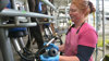 A woman milking from a dairy cow