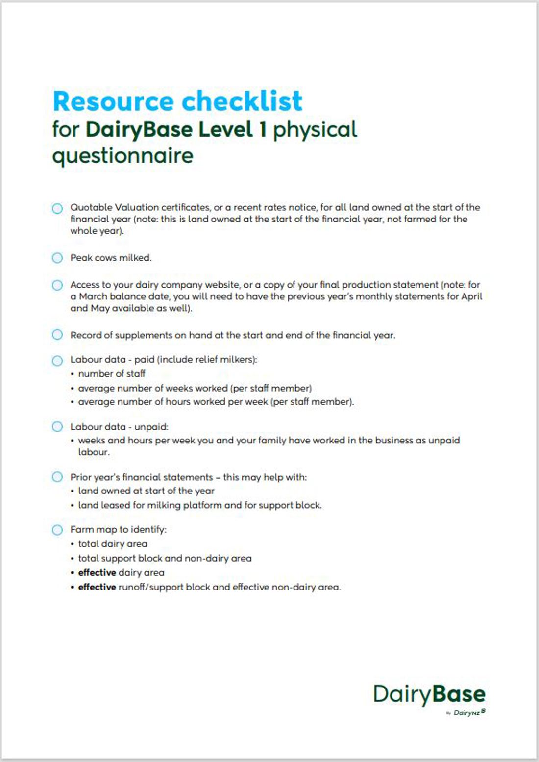 Dairybase Resource Checklist Level 1 Image