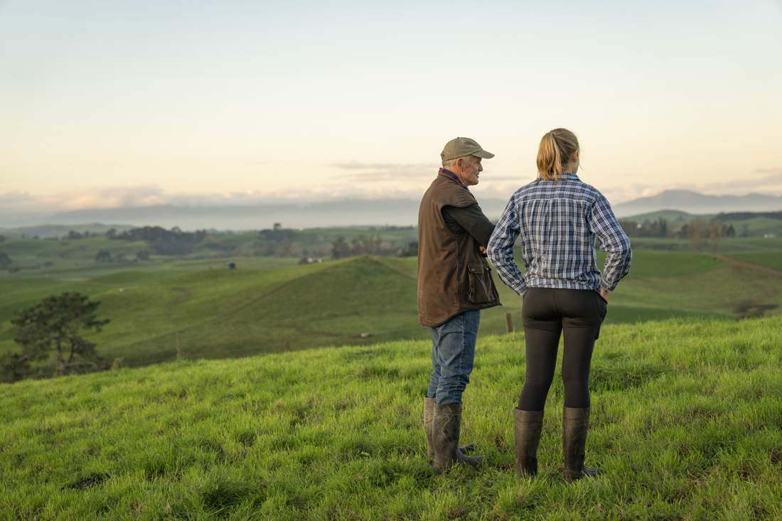 A man and woman looking at the open field