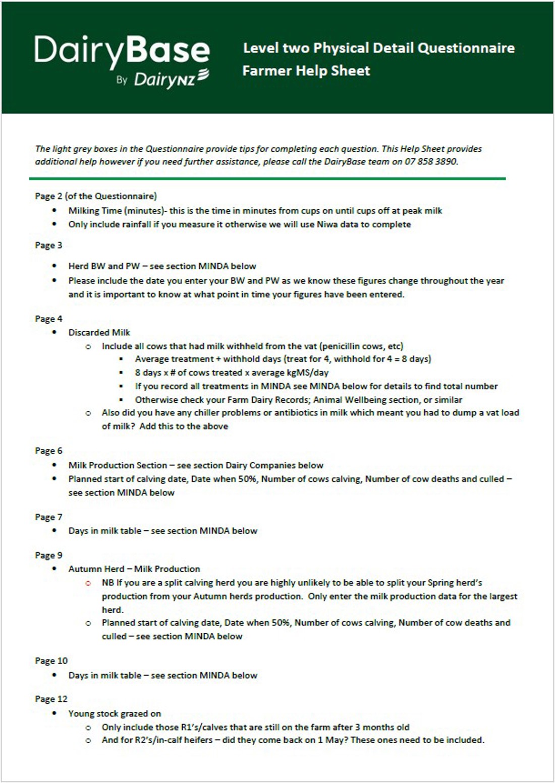 Dairybase level 2 physical questionnaire help sheet image