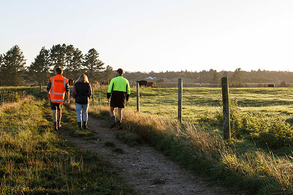 A group of people walking in a farm field