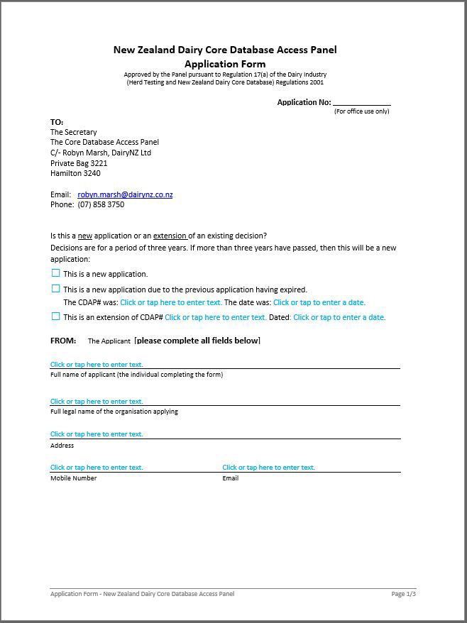 NZ Core Database Access Panel Application Form Image