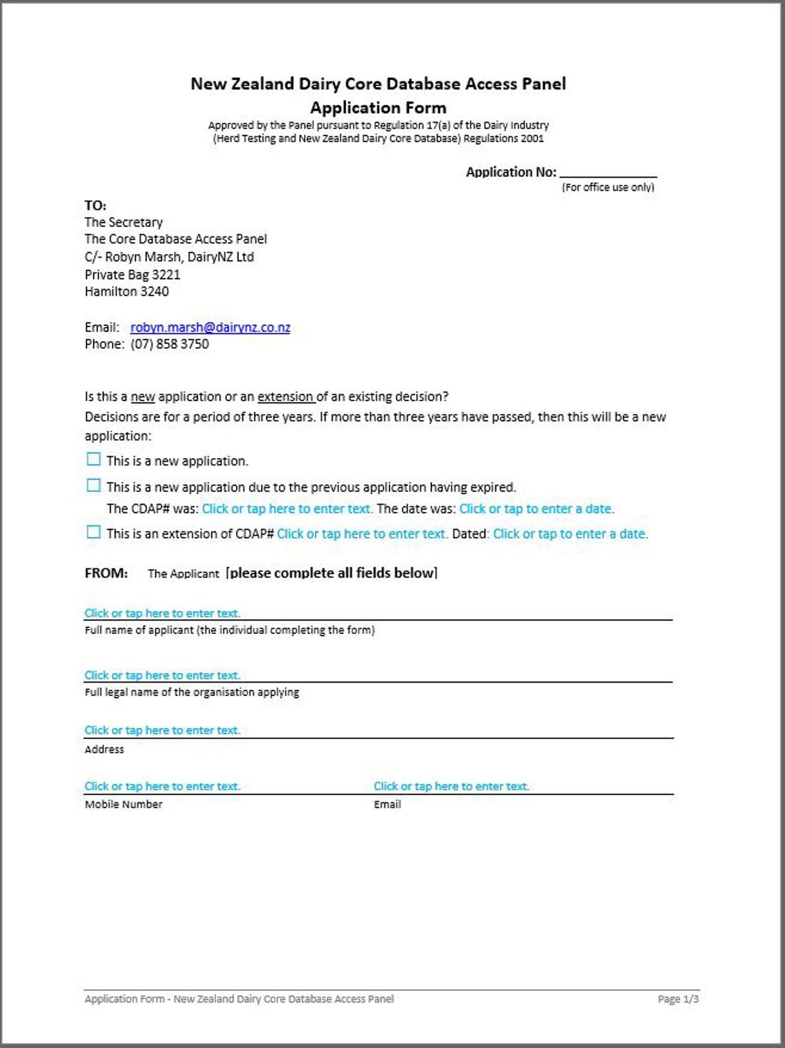 NZ Core Database Access Panel Application Form Image