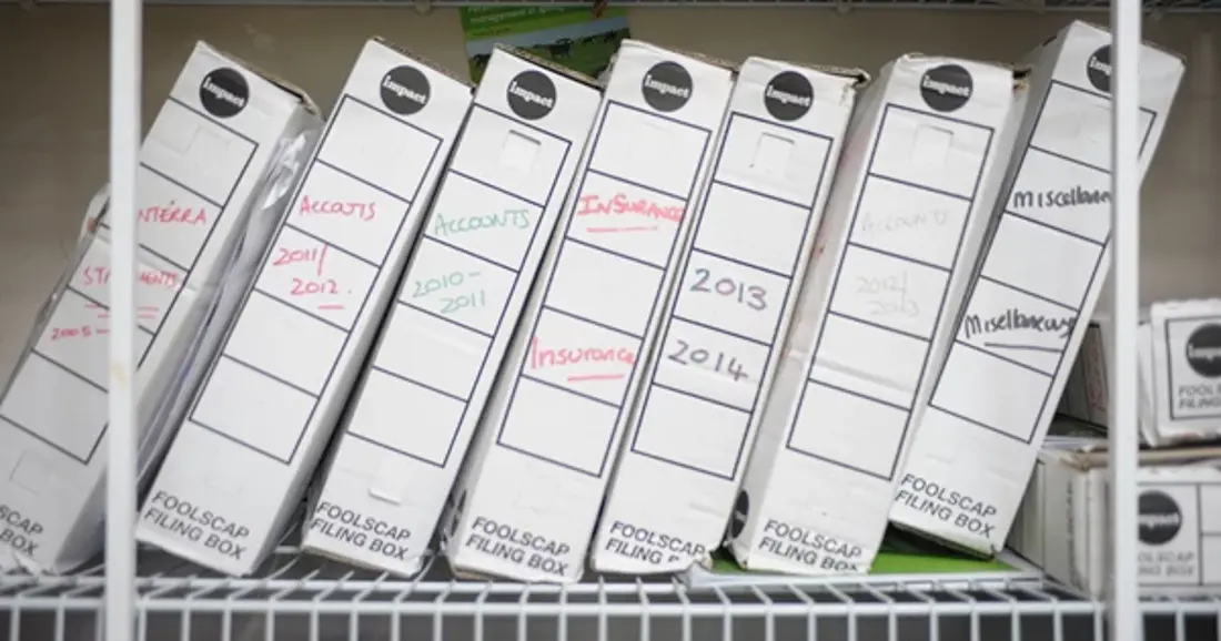 Box files on wire racking in an office