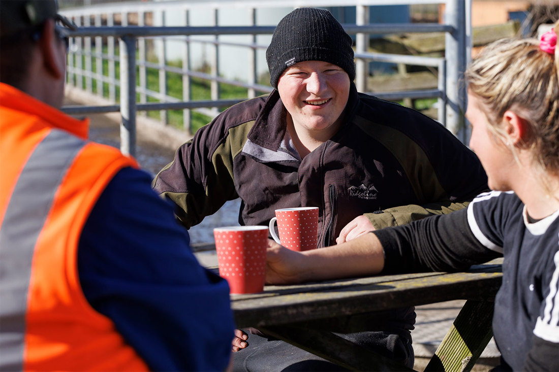 Dairy farm workers catching up and sharing ideas over a cup of coffee