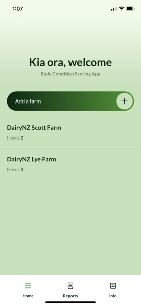 Body condition scoring app home screen