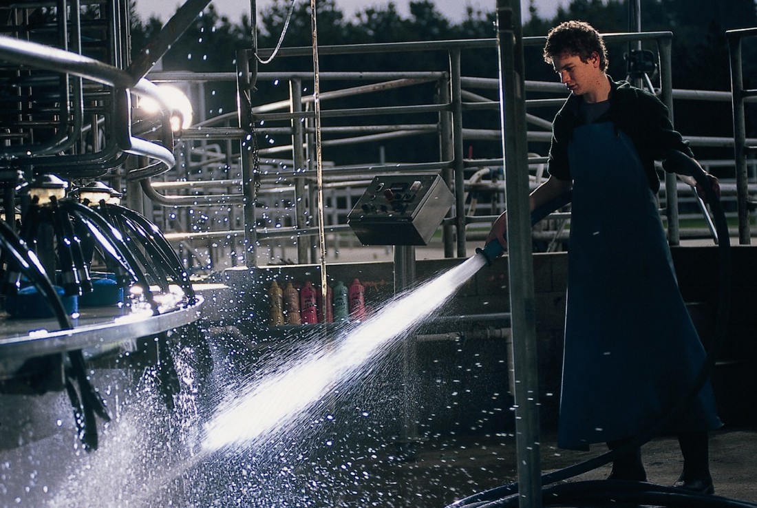 A dairy farm worker wearing a waterproof apron, washing down a rotary dairy using a hose pipe after milking