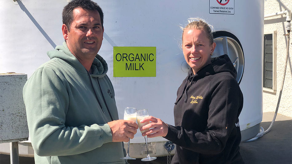 Two people toasting their glass of milk