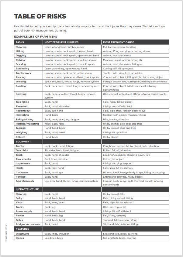 Table Of Risks Health And Safety Image