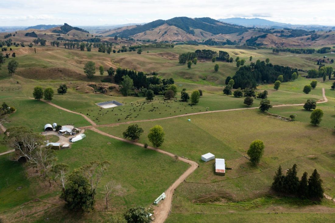 An aerial view of the Whitaker Dairy Farm in Otorohanga, New Zealand